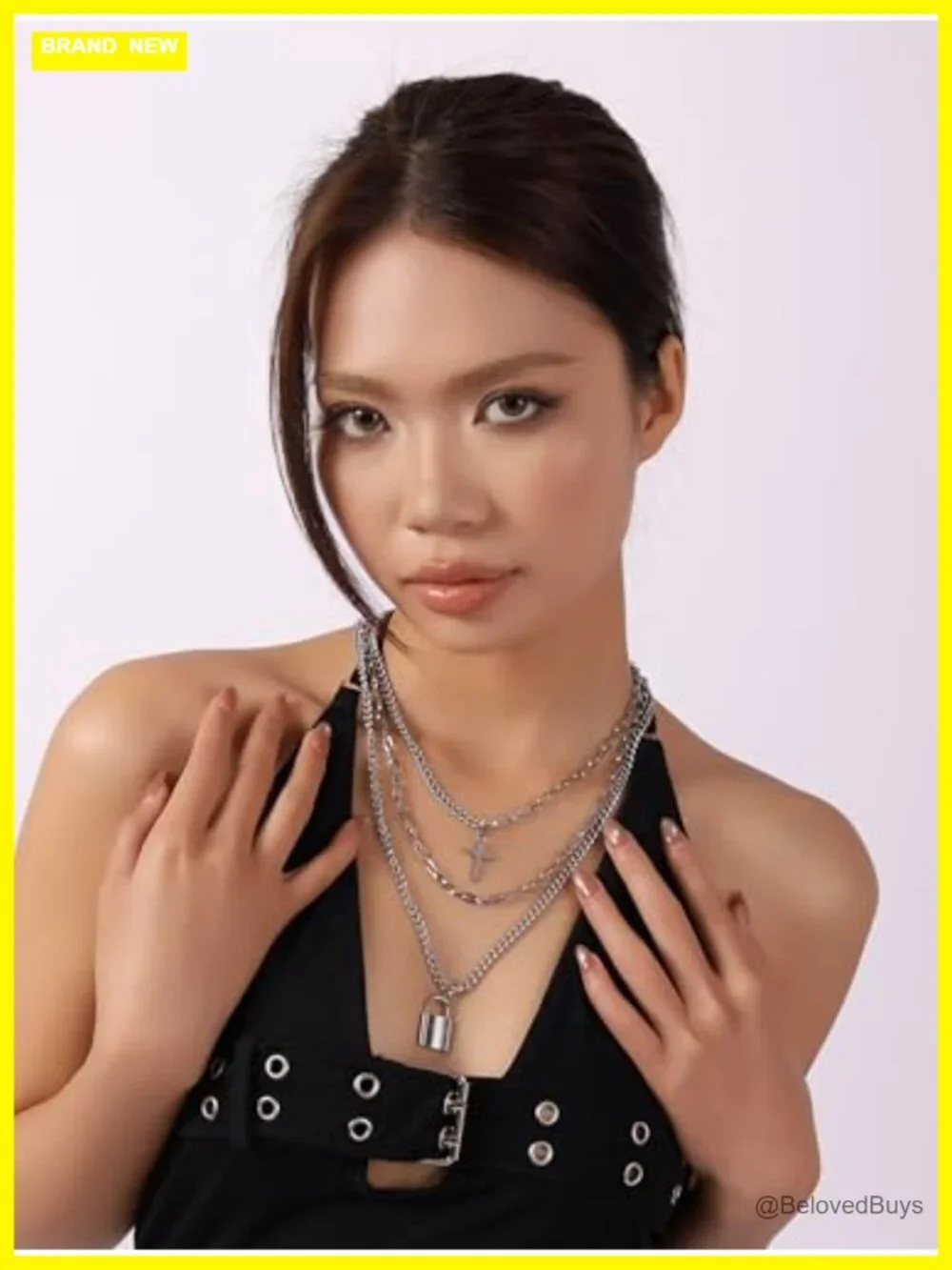 Layered Stainless Steel Cross Lock Pendant Necklace Gothic Punk